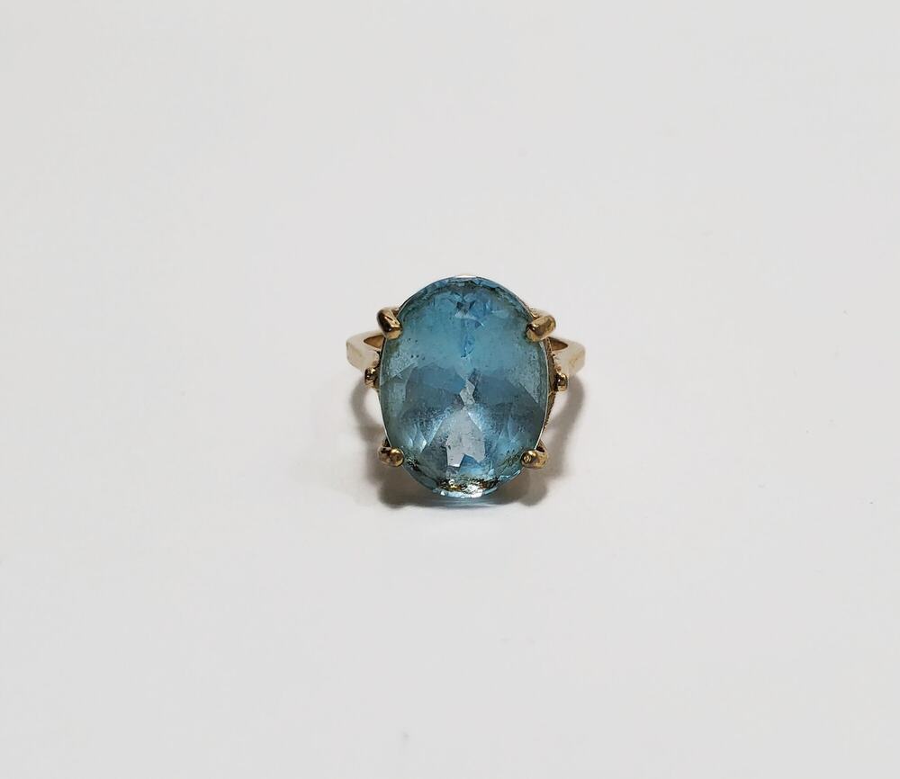 Gold Plated Faceted Blue Glass Oval Stone Ring Size 6.5